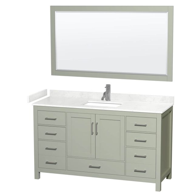 Wyndham Collection Sheffield 60 Inch Single Bathroom Vanity in Light Green with Carrara Cultured Marble Countertop, Undermount Square Sink and Brushed Nickel Trim WCS141460SLGC2UNSM58
