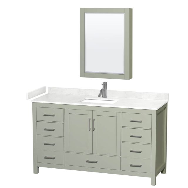 Wyndham Collection Sheffield 60 Inch Single Bathroom Vanity in Light Green with Carrara Cultured Marble Countertop, Undermount Square Sink and Brushed Nickel Trim WCS141460SLGC2UNSMED
