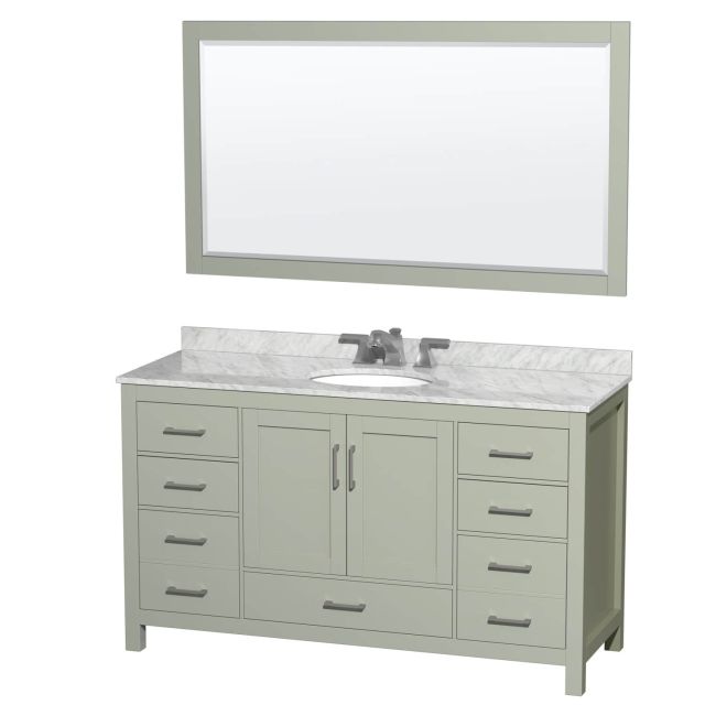 Wyndham Collection Sheffield 60 Inch Single Bathroom Vanity in Light Green with White Carrara Marble Countertop, Undermount Oval Sink, Brushed Nickel Trim and 58 inch Mirror WCS141460SLGCMUNOM58