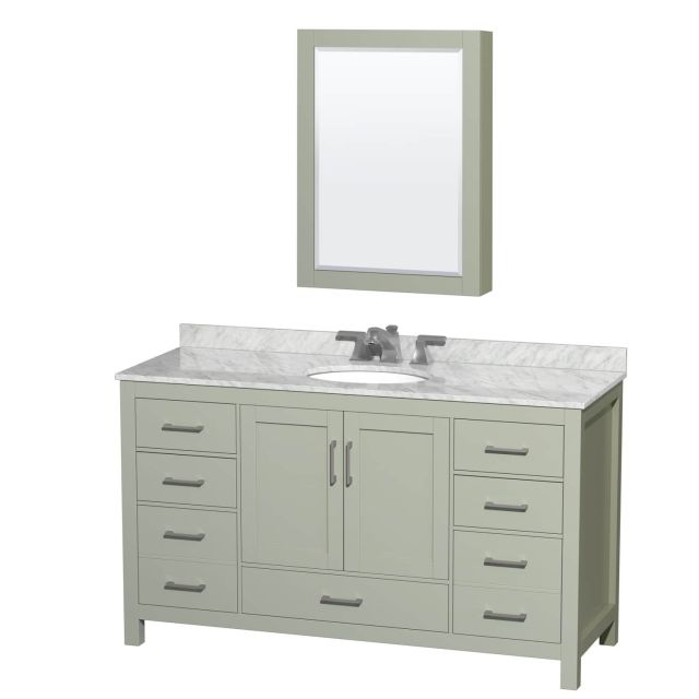 Wyndham Collection Sheffield 60 Inch Single Bathroom Vanity in Light Green with White Carrara Marble Countertop, Undermount Oval Sink, Brushed Nickel Trim and Medicine Cabinet WCS141460SLGCMUNOMED