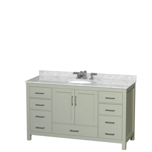 Wyndham Collection Sheffield 60 Inch Single Bathroom Vanity in Light Green with White Carrara Marble Countertop, Undermount Oval Sink and Brushed Nickel Trim WCS141460SLGCMUNOMXX