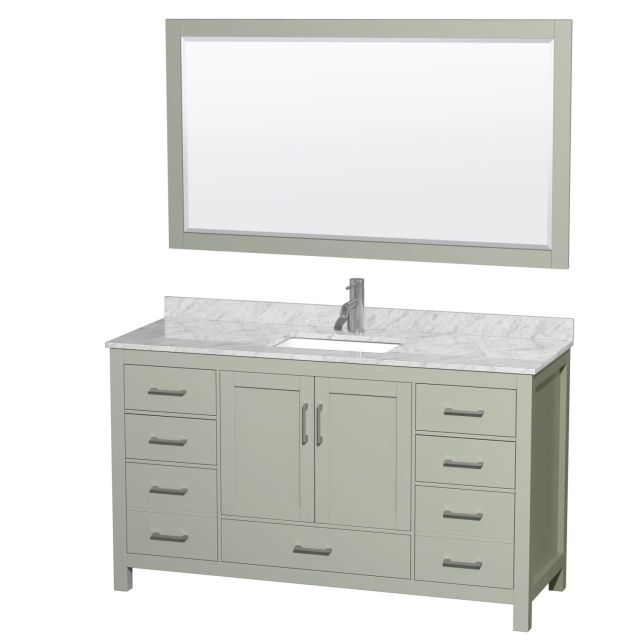 Wyndham Collection Sheffield 60 Inch Single Bathroom Vanity in Light Green with White Carrara Marble Countertop, Undermount Square Sink and Brushed Nickel Trim WCS141460SLGCMUNSM58