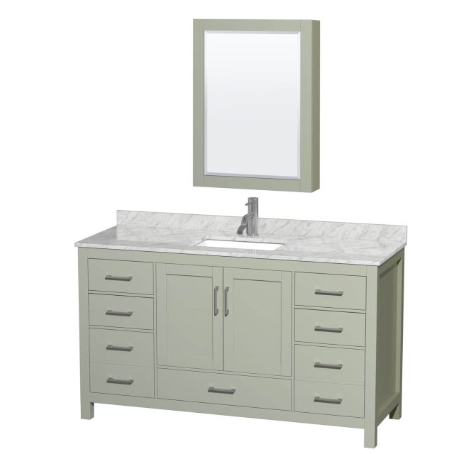 Wyndham Collection Sheffield 60 Inch Single Bathroom Vanity in Light Green with White Carrara Marble Countertop, Undermount Square Sink and Brushed Nickel Trim WCS141460SLGCMUNSMED