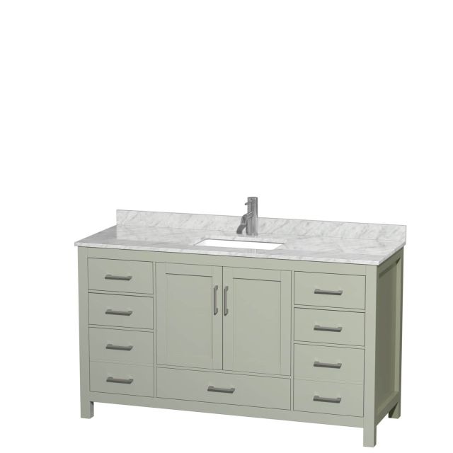 Wyndham Collection Sheffield 60 Inch Single Bathroom Vanity in Light Green with White Carrara Marble Countertop, Undermount Square Sink and Brushed Nickel Trim WCS141460SLGCMUNSMXX