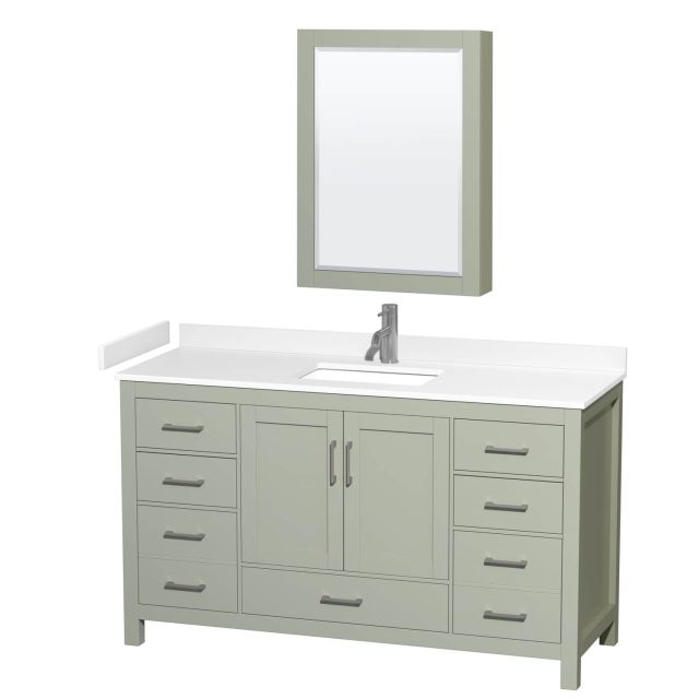Wyndham Collection Sheffield 60 Inch Single Bathroom Vanity in Light Green with White Cultured Marble Countertop, Undermount Square Sink and Brushed Nickel Trim WCS141460SLGWCUNSMED
