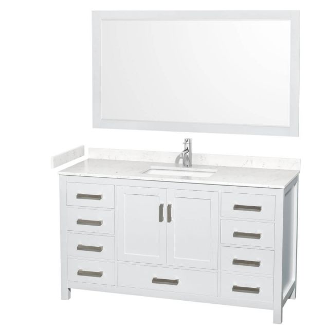 Wyndham Collection Sheffield 60 inch Single Bathroom Vanity in White with Carrara Cultured Marble Countertop, Undermount Square Sink and 58 inch Mirror - WCS141460SWHC2UNSM58