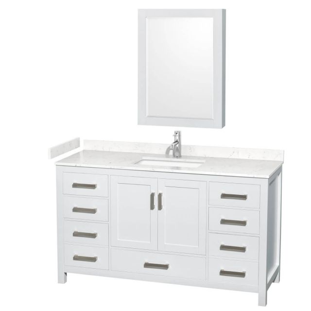 Wyndham Collection Sheffield 60 inch Single Bathroom Vanity in White with Carrara Cultured Marble Countertop, Undermount Square Sink and Medicine Cabinet - WCS141460SWHC2UNSMED