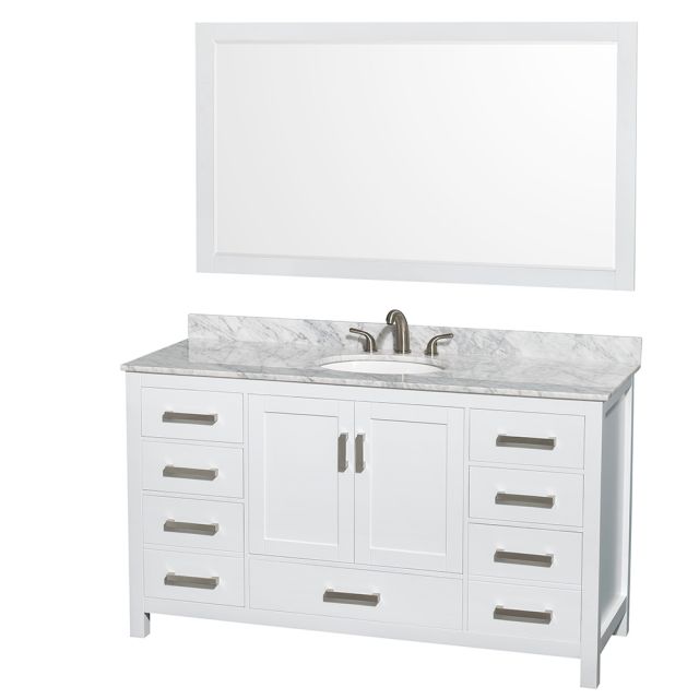 Wyndham Collection Sheffield 60 Inch Single Bath Vanity In White, White Carrara Marble Countertop, Undermount Oval Sink, and 58 Inch Mirror - WCS141460SWHCMUNOM58