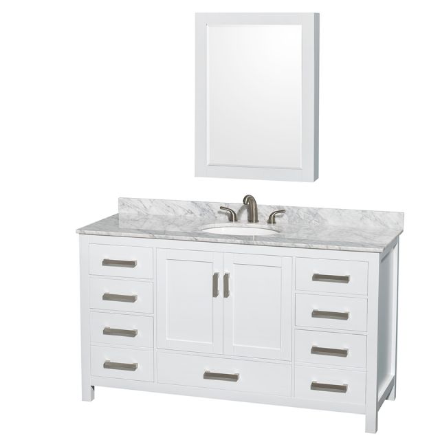 Wyndham Collection Sheffield 60 Inch Single Bath Vanity In White, White Carrara Marble Countertop, Undermount Oval Sink, and Medicine Cabinet - WCS141460SWHCMUNOMED