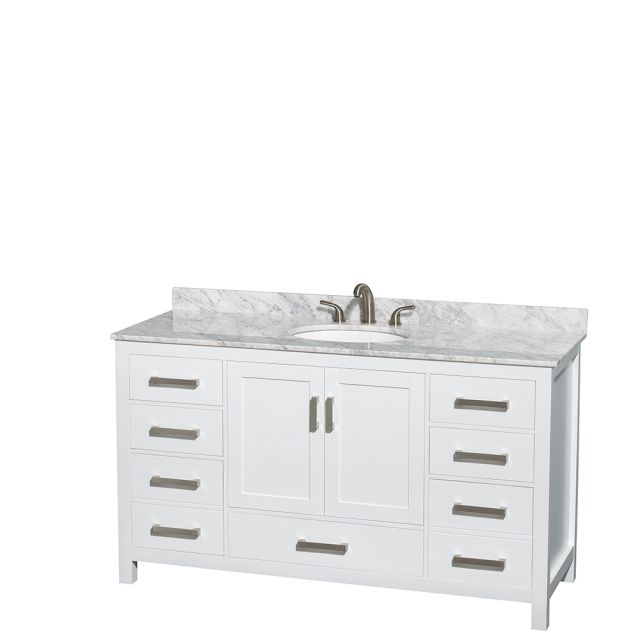 Wyndham Collection Sheffield 60 Inch Single Bath Vanity In White, White Carrara Marble Countertop, Undermount Oval Sink, and No Mirror - WCS141460SWHCMUNOMXX