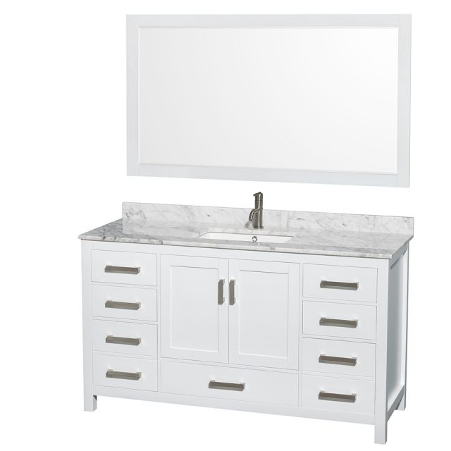 Wyndham Collection Sheffield 60 Inch Single Bath Vanity In White, White Carrara Marble Countertop, Undermount Square Sink, and 58 Inch Mirror - WCS141460SWHCMUNSM58