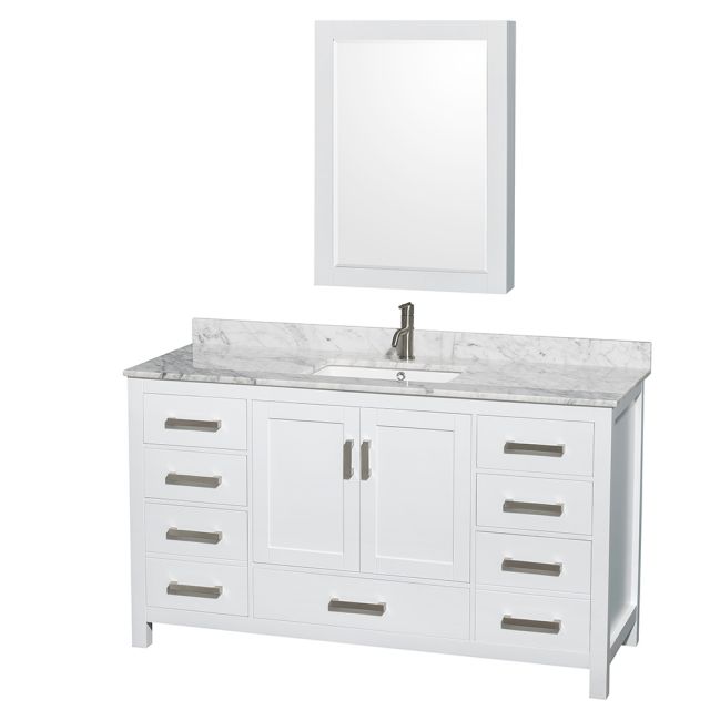 Wyndham Collection Sheffield 60 Inch Single Bath Vanity In White, White Carrara Marble Countertop, Undermount Square Sink, and Medicine Cabinet - WCS141460SWHCMUNSMED