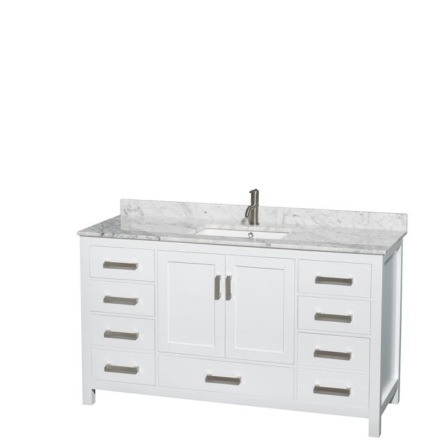 Wyndham Collection Sheffield 60 Inch Single Bath Vanity In White, White Carrara Marble Countertop, Undermount Square Sink, and No Mirror - WCS141460SWHCMUNSMXX