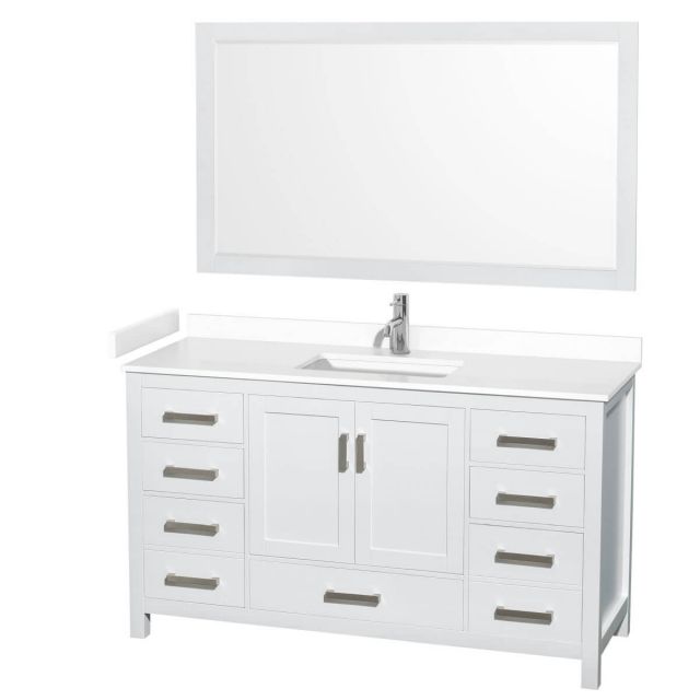 Wyndham Collection Sheffield 60 inch Single Bathroom Vanity in White with White Cultured Marble Countertop, Undermount Square Sink and 58 inch Mirror - WCS141460SWHWCUNSM58