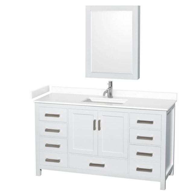 Wyndham Collection Sheffield 60 inch Single Bathroom Vanity in White with White Cultured Marble Countertop, Undermount Square Sink and Medicine Cabinet - WCS141460SWHWCUNSMED