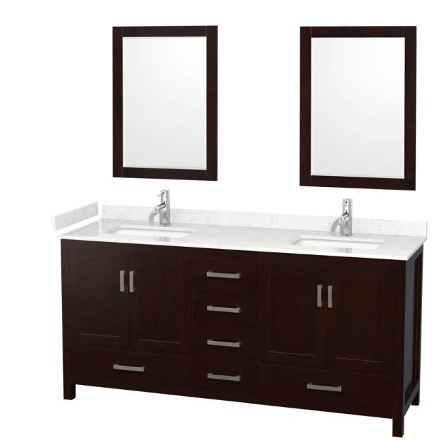 Wyndham Collection Sheffield 72 inch Double Bathroom Vanity in Espresso with Carrara Cultured Marble Countertop, Undermount Square Sinks and 24 inch Mirrors - WCS141472DESC2UNSM24