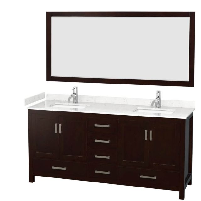 Wyndham Collection Sheffield 72 inch Double Bathroom Vanity in Espresso with Carrara Cultured Marble Countertop, Undermount Square Sinks and 70 inch Mirror - WCS141472DESC2UNSM70