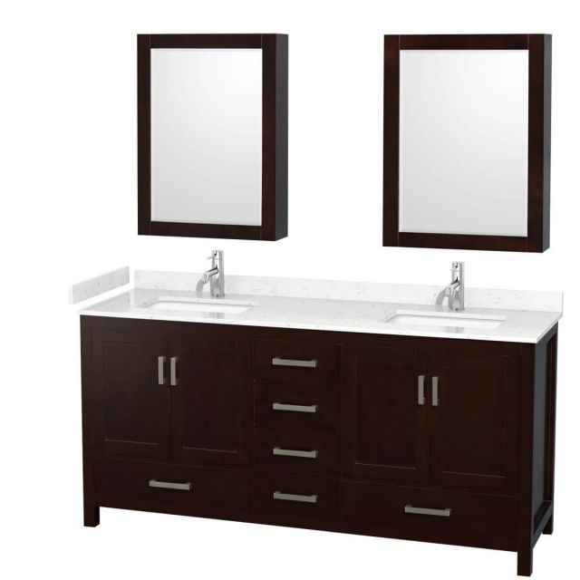 Wyndham Collection Sheffield 72 inch Double Bathroom Vanity in Espresso with Carrara Cultured Marble Countertop, Undermount Square Sinks and Medicine Cabinets - WCS141472DESC2UNSMED