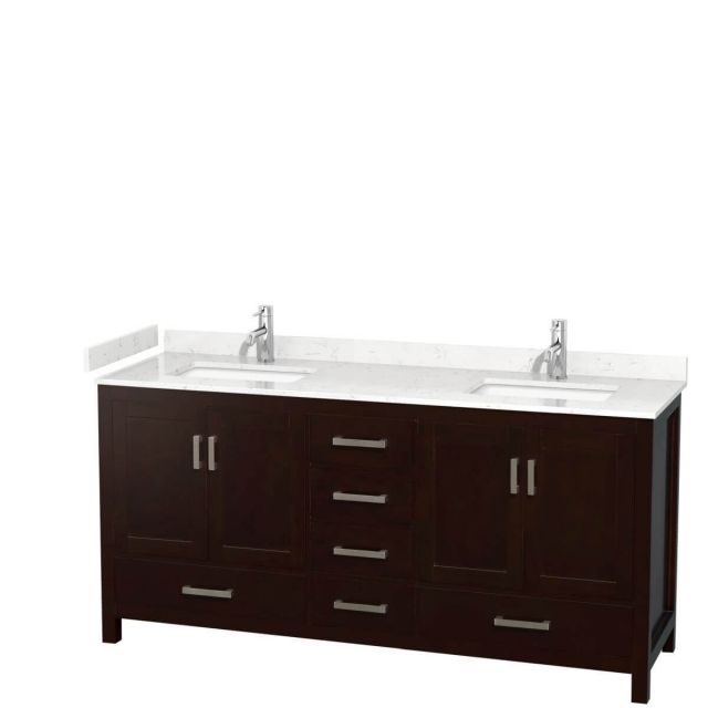 Wyndham Collection Sheffield 72 inch Double Bathroom Vanity in Espresso with Carrara Cultured Marble Countertop, Undermount Square Sinks and No Mirror - WCS141472DESC2UNSMXX