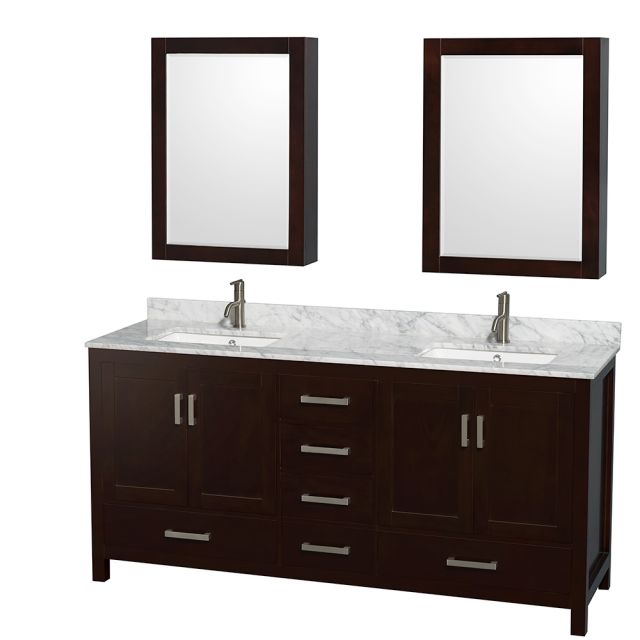 Wyndham Collection Sheffield 72 Inch Double Bath Vanity in Espresso, White Carrara Marble Countertop, Undermount Square Sinks, and Medicine Cabinets - WCS141472DESCMUNSMED