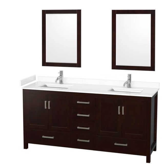 Wyndham Collection Sheffield 72 inch Double Bathroom Vanity in Espresso with White Cultured Marble Countertop, Undermount Square Sinks and 24 inch Mirrors - WCS141472DESWCUNSM24