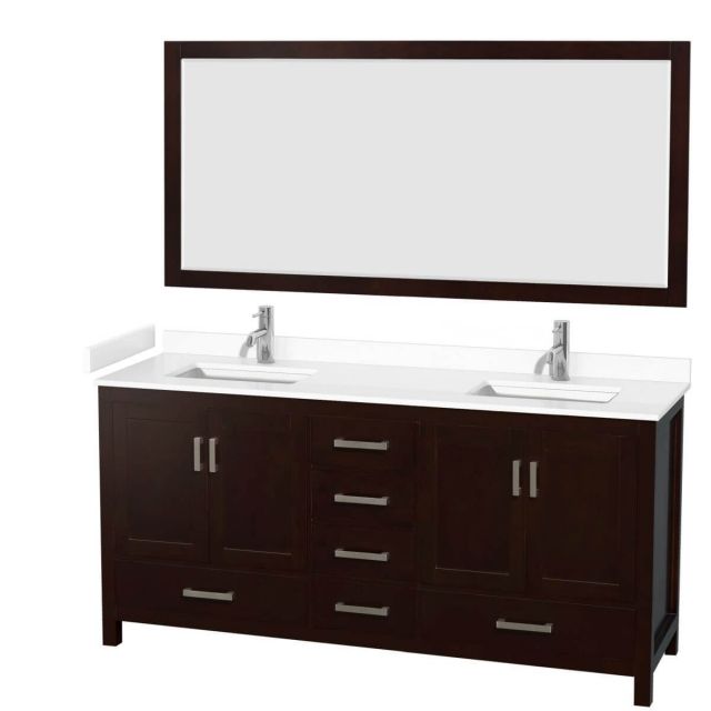 Wyndham Collection Sheffield 72 inch Double Bathroom Vanity in Espresso with White Cultured Marble Countertop, Undermount Square Sinks and 70 inch Mirror - WCS141472DESWCUNSM70