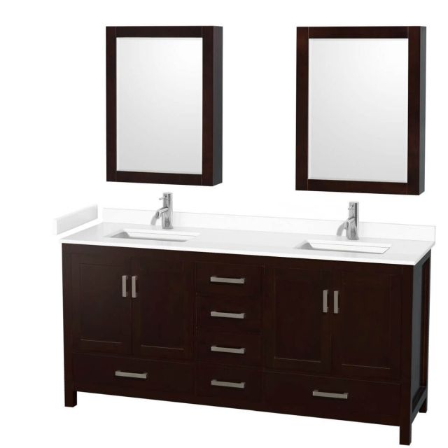 Wyndham Collection Sheffield 72 inch Double Bathroom Vanity in Espresso with White Cultured Marble Countertop, Undermount Square Sinks and Medicine Cabinets - WCS141472DESWCUNSMED