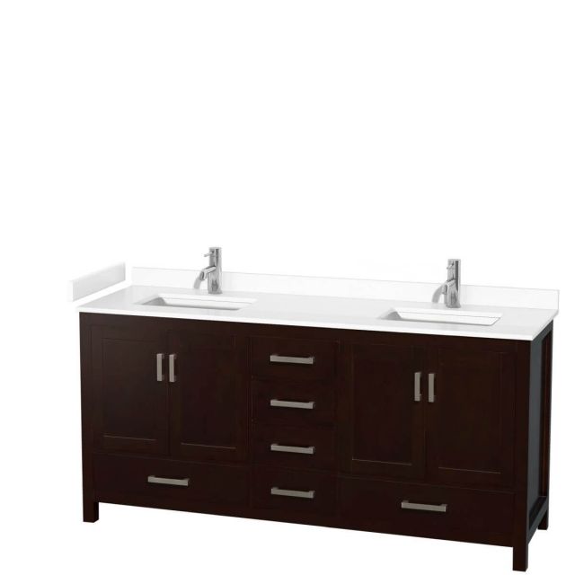 Wyndham Collection Sheffield 72 inch Double Bathroom Vanity in Espresso with White Cultured Marble Countertop, Undermount Square Sinks and No Mirror - WCS141472DESWCUNSMXX