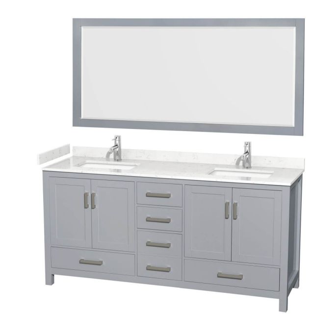 Wyndham Collection Sheffield 72 inch Double Bathroom Vanity in Gray with Carrara Cultured Marble Countertop, Undermount Square Sinks and 70 inch Mirror - WCS141472DGYC2UNSM70