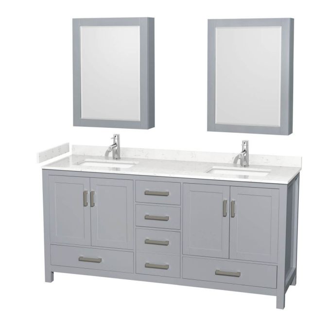 Wyndham Collection Sheffield 72 inch Double Bathroom Vanity in Gray with Carrara Cultured Marble Countertop, Undermount Square Sinks and Medicine Cabinets - WCS141472DGYC2UNSMED