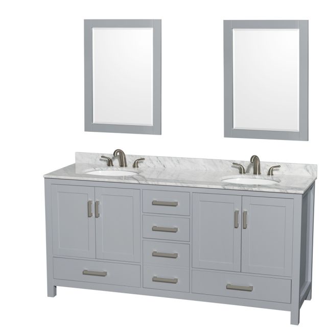 Wyndham Collection Sheffield 72 Inch Double Bath Vanity In Gray with White Carrara Marble Countertop with Undermount Oval Sinks and 24 Inch Mirrors - WCS141472DGYCMUNOM24
