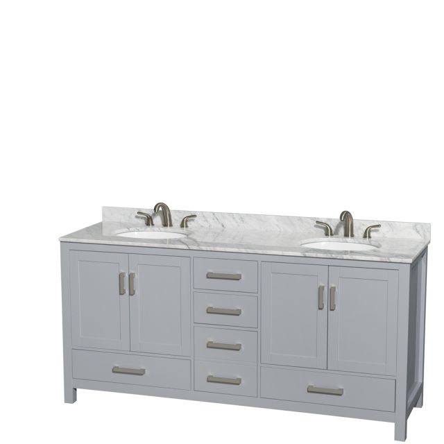 Wyndham Collection Sheffield 72 Inch Double Bath Vanity In Gray with White Carrara Marble Countertop and Undermount Oval Sinks - WCS141472DGYCMUNOMXX