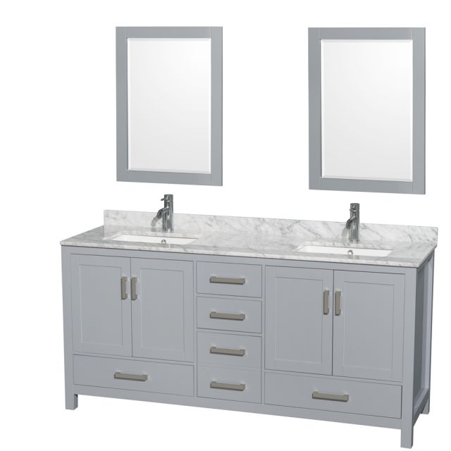 Wyndham Collection Sheffield 72 Inch Double Bath Vanity In Gray with White Carrara Marble Countertop with Undermount Square Sinks and 24 Inch Mirrors - WCS141472DGYCMUNSM24