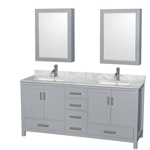 Wyndham Collection Sheffield 72 Inch Double Bath Vanity In Gray with White Carrara Marble Countertop with Undermount Square Sinks and Medicine Cabinets - WCS141472DGYCMUNSMED