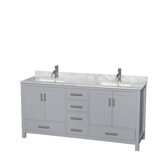 Wyndham Collection Sheffield 72 Inch Double Bath Vanity In Gray with White Carrara Marble Countertop and Undermount Square Sinks - WCS141472DGYCMUNSMXX