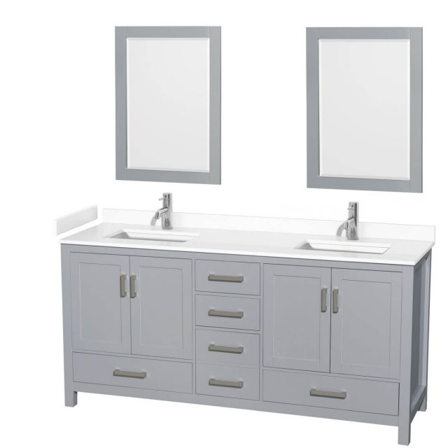 Wyndham Collection Sheffield 72 inch Double Bathroom Vanity in Gray with White Cultured Marble Countertop, Undermount Square Sinks and 24 inch Mirrors - WCS141472DGYWCUNSM24