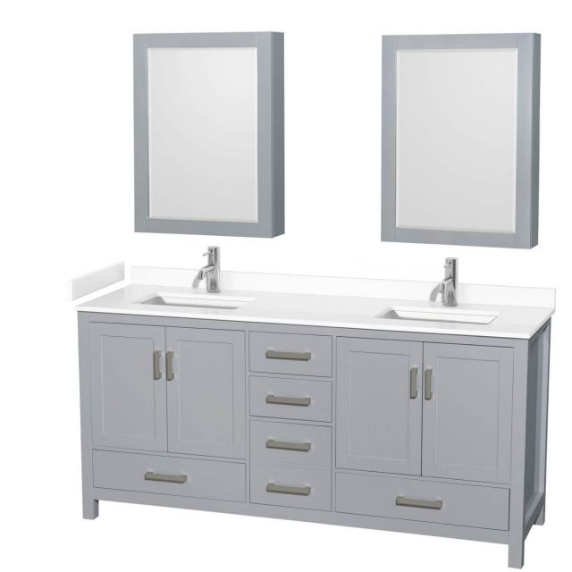 Wyndham Collection Sheffield 72 inch Double Bathroom Vanity in Gray with White Cultured Marble Countertop, Undermount Square Sinks and Medicine Cabinets - WCS141472DGYWCUNSMED