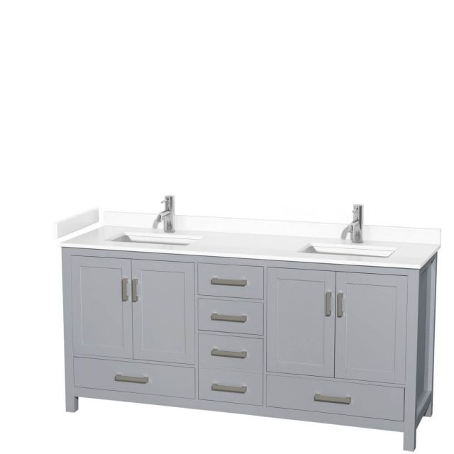 Wyndham Collection Sheffield 72 inch Double Bathroom Vanity in Gray with White Cultured Marble Countertop, Undermount Square Sinks and No Mirror - WCS141472DGYWCUNSMXX