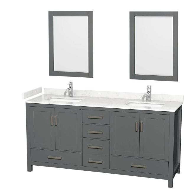 Wyndham Collection Sheffield 72 inch Double Bathroom Vanity in Dark Gray with Carrara Cultured Marble Countertop, Undermount Square Sinks and 24 inch Mirrors - WCS141472DKGC2UNSM24