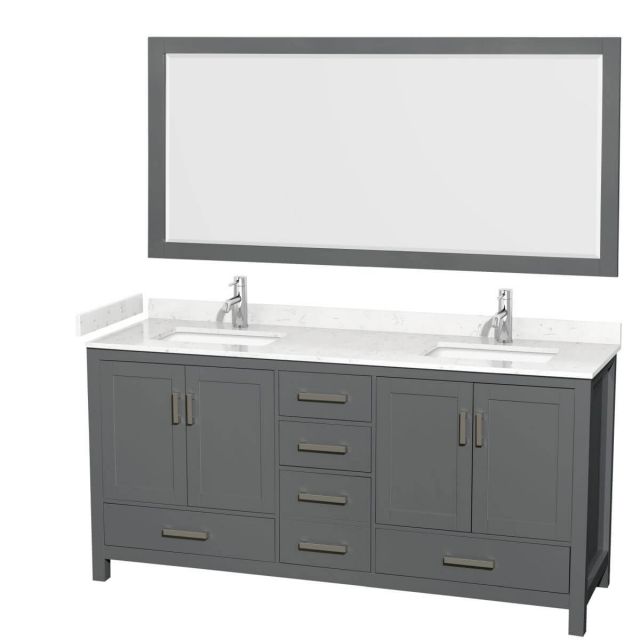 Wyndham Collection Sheffield 72 inch Double Bathroom Vanity in Dark Gray with Carrara Cultured Marble Countertop, Undermount Square Sinks and 70 inch Mirror - WCS141472DKGC2UNSM70