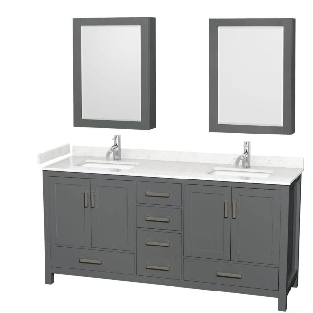 Wyndham Collection Sheffield 72 inch Double Bathroom Vanity in Dark Gray with Carrara Cultured Marble Countertop, Undermount Square Sinks and Medicine Cabinets - WCS141472DKGC2UNSMED
