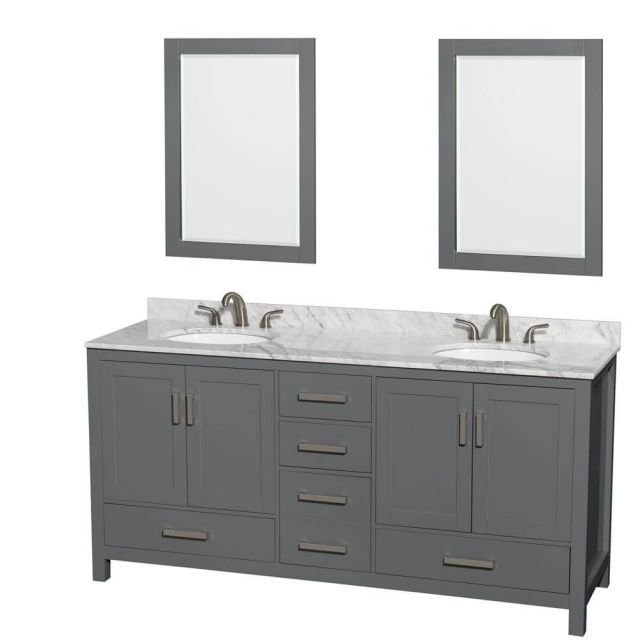 Wyndham Collection Sheffield 72 Inch Double Bath Vanity In Dark Gray with White Carrara Marble Countertop with Undermount Oval Sinks with 24 Inch Mirrors - WCS141472DKGCMUNOM24