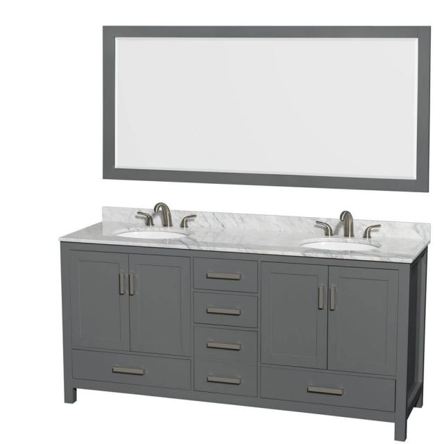 Wyndham Collection Sheffield 72 Inch Double Bath Vanity In Dark Gray with White Carrara Marble Countertop with Undermount Oval Sinks with 70 Inch Mirror - WCS141472DKGCMUNOM70