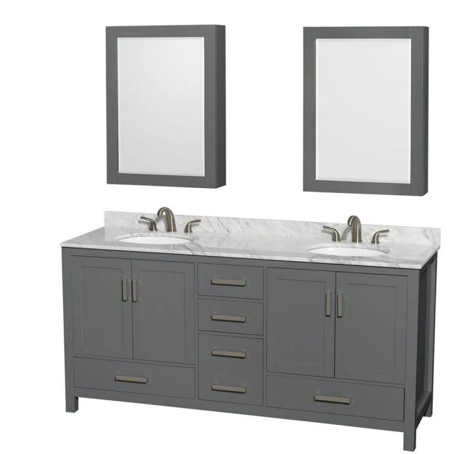 Wyndham Collection Sheffield 72 Inch Double Bath Vanity In Dark Gray with White Carrara Marble Countertop with Undermount Oval Sinks with Medicine Cabinets - WCS141472DKGCMUNOMED