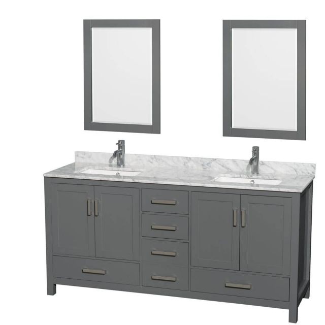 Wyndham Collection Sheffield 72 Inch Double Bath Vanity In Dark Gray with White Carrara Marble Countertop with Undermount Square Sinks with 24 Inch Mirrors - WCS141472DKGCMUNSM24