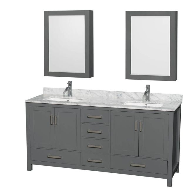 Wyndham Collection Sheffield 72 Inch Double Bath Vanity In Dark Gray with White Carrara Marble Countertop with Undermount Square Sinks with Medicine Cabinets - WCS141472DKGCMUNSMED
