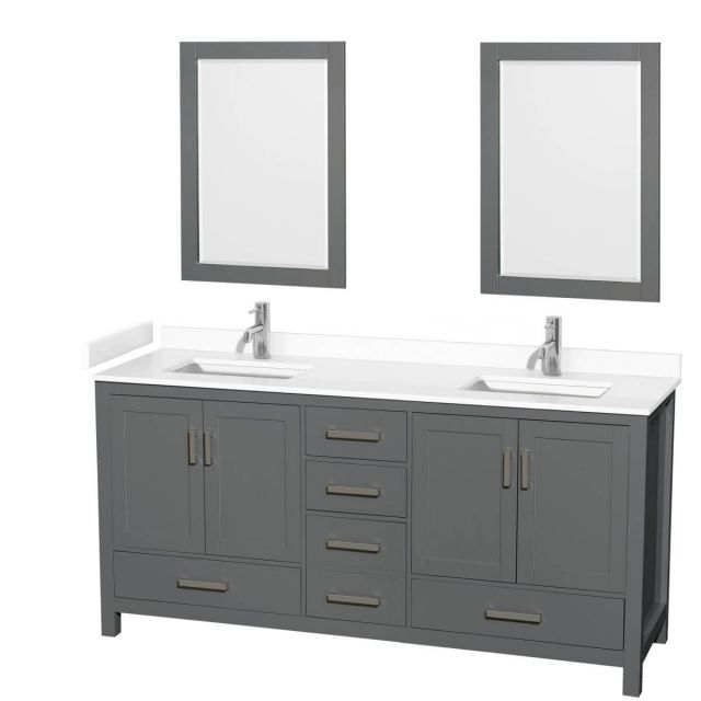 Wyndham Collection Sheffield 72 inch Double Bathroom Vanity in Dark Gray with White Cultured Marble Countertop, Undermount Square Sinks and 24 inch Mirrors - WCS141472DKGWCUNSM24