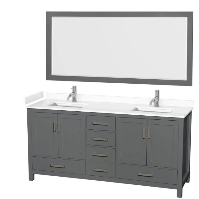 Wyndham Collection Sheffield 72 inch Double Bathroom Vanity in Dark Gray with White Cultured Marble Countertop, Undermount Square Sinks and 70 inch Mirror - WCS141472DKGWCUNSM70