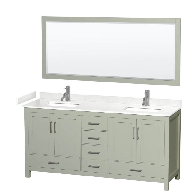 Wyndham Collection Sheffield 72 Inch Double Bathroom Vanity in Light Green with Carrara Cultured Marble Countertop, Undermount Square Sinks and Brushed Nickel Trim WCS141472DLGC2UNSM70