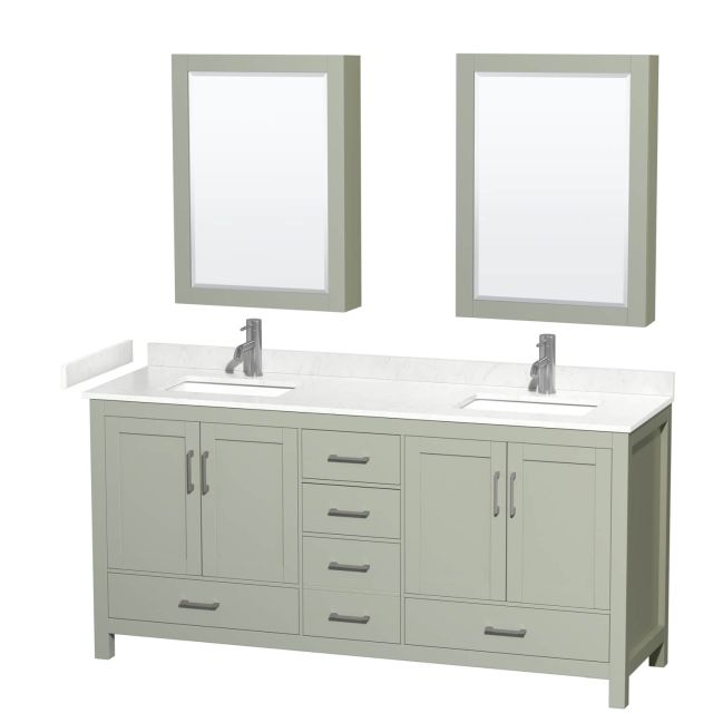 Wyndham Collection Sheffield 72 Inch Double Bathroom Vanity in Light Green with Carrara Cultured Marble Countertop, Undermount Square Sinks and Brushed Nickel Trim WCS141472DLGC2UNSMED